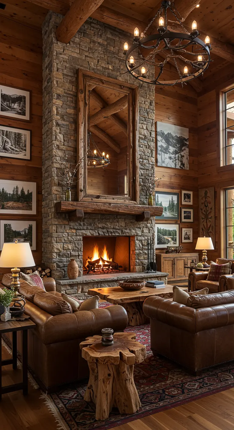 Salon de chalet de montagne avec grande cheminée en pierre, miroir en bois massif et cadres de paysages forestiers.