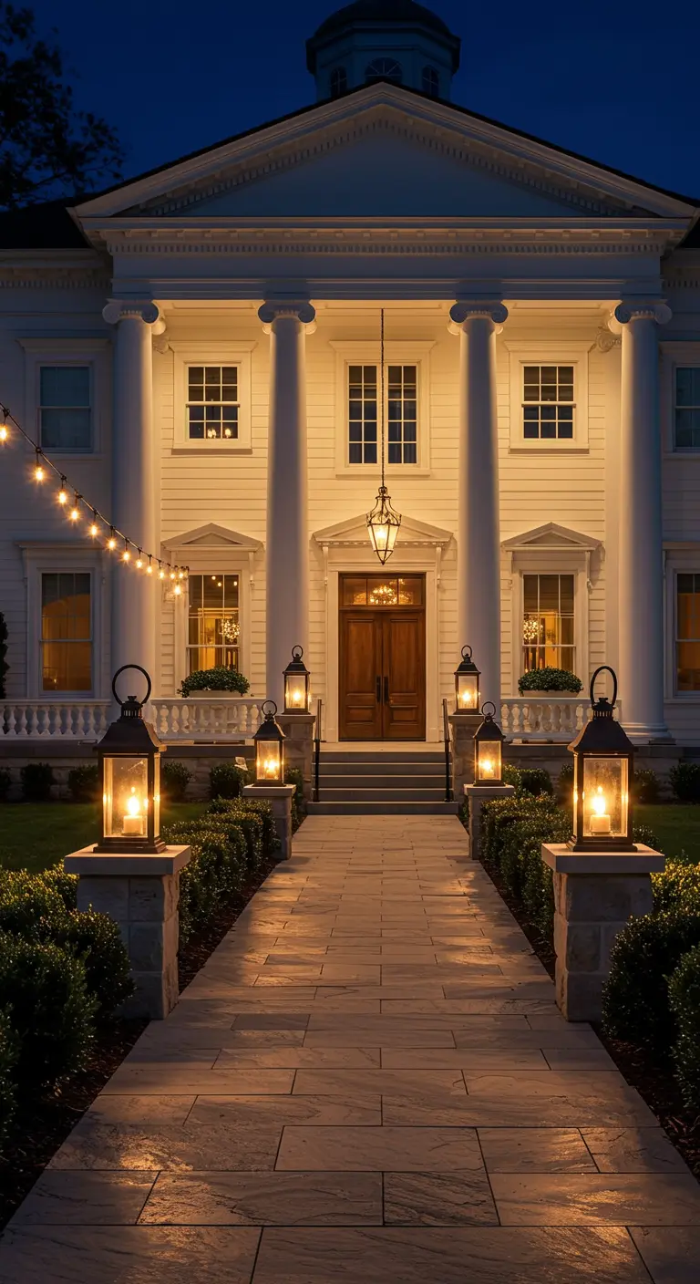 Grande maison blanche avec entrée éclairée par des lanternes et des guirlandes.
