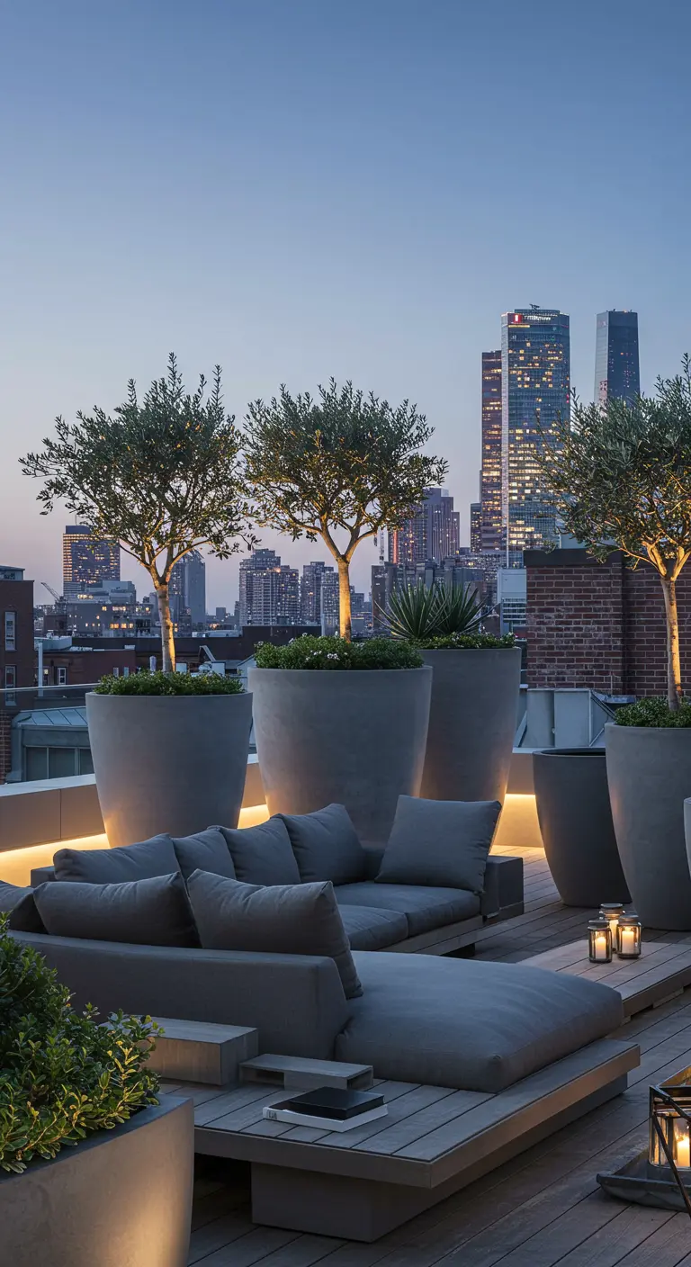 Grande terrasse urbaine avec canapé gris, grands pots gris et oliviers éclairés la nuit.