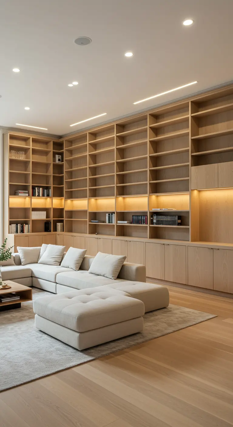 Salon avec immense bibliothèque bois clair intégrée, canapé d'angle crème, éclairage LED.