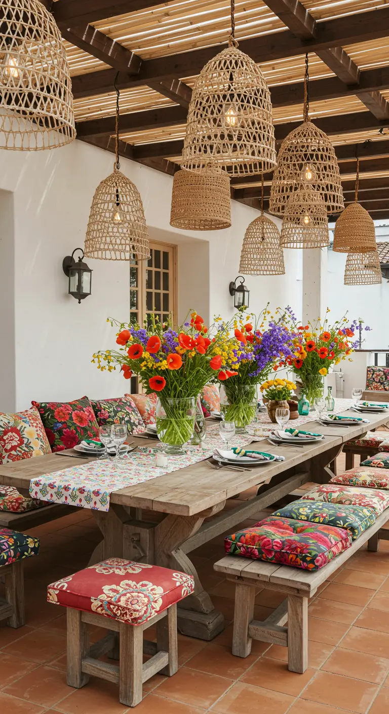 Grande table de repas extérieure avec bancs fleuris, suspensions en osier et généreux bouquets colorés.