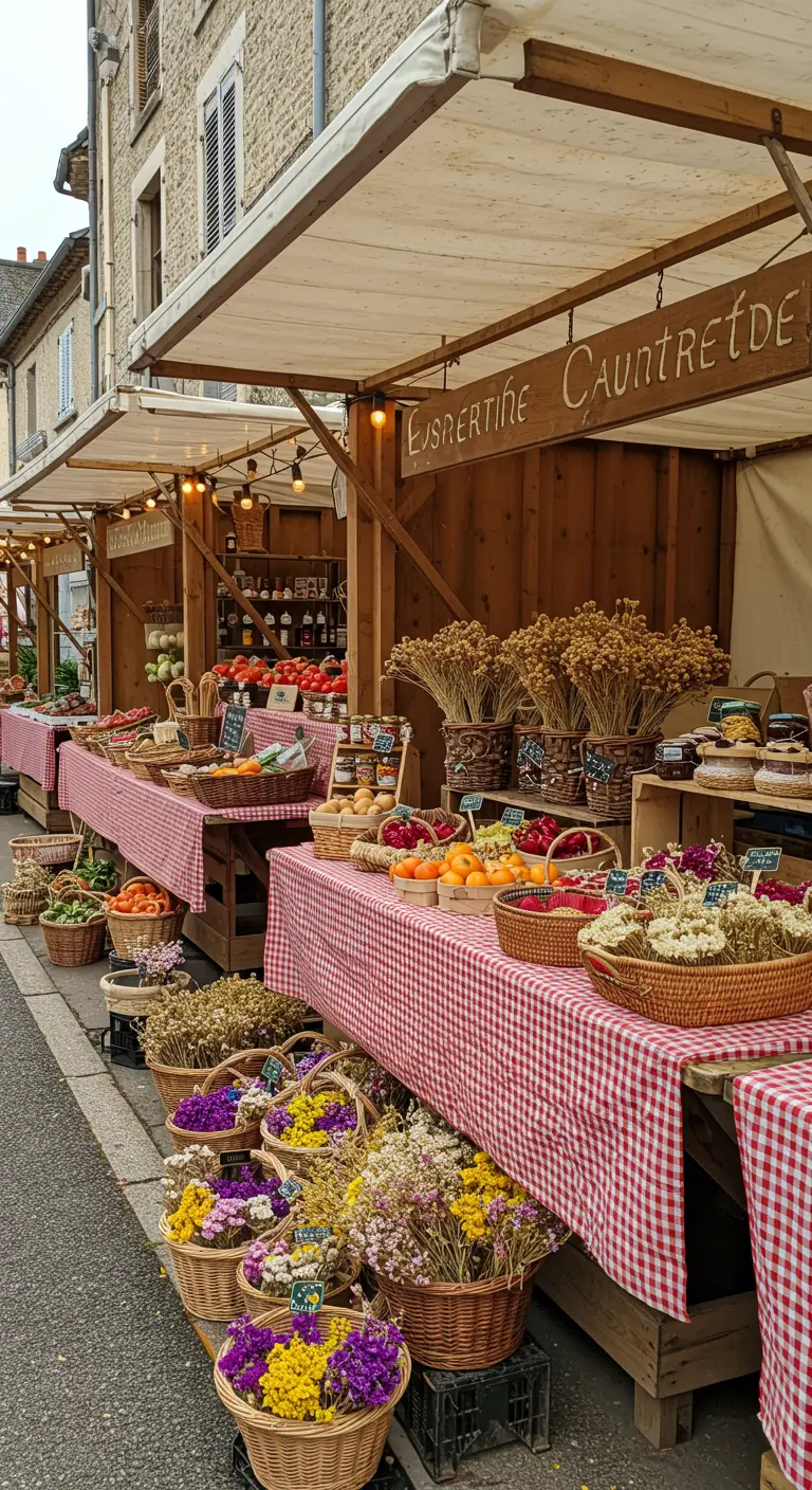 Stand de marché avec paniers de fleurs séchées, fruits frais et nappes à carreaux rouges.