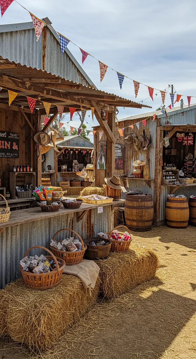 Marché western avec stands en tôle ondulée, paniers, bottes de foin, tonneaux et guirlandes.