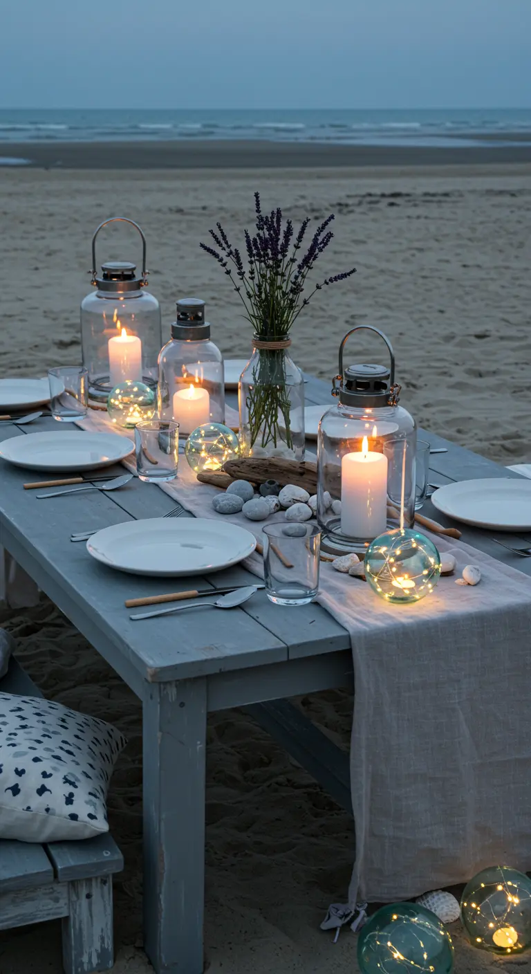 Table de dîner sur la plage avec des lanternes en verre, des boules lumineuses LED et des brins de lavande.