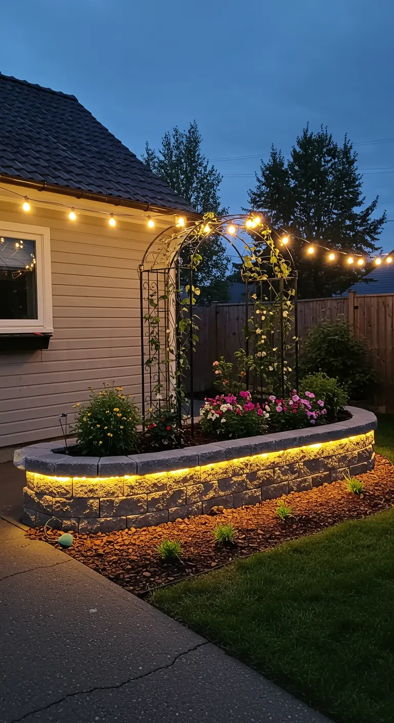 Massif de fleurs surélevé avec bande lumineuse LED et arche de jardin enroulée de guirlandes.