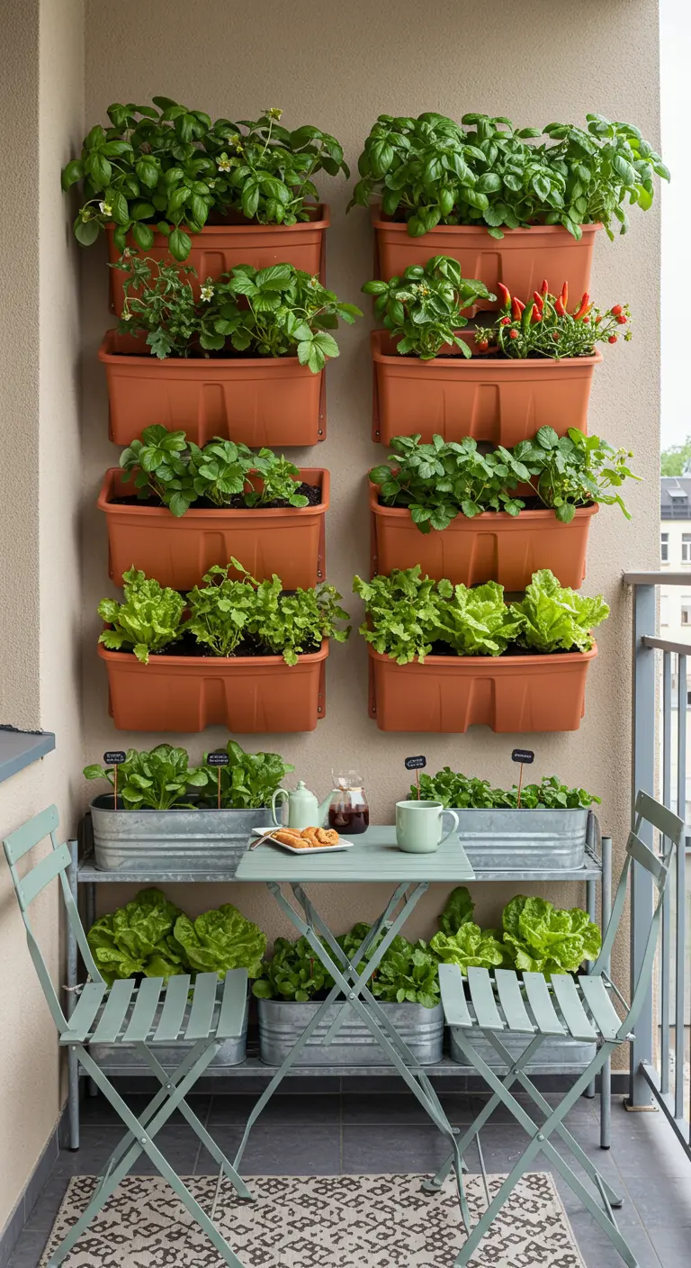 Jardin vertical sur un balcon avec des jardinières en terre cuite remplies de légumes.