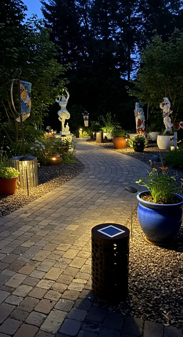 Chemin pavé bordé de pots colorés et de balises solaires modernes, avec des statues de jardin.