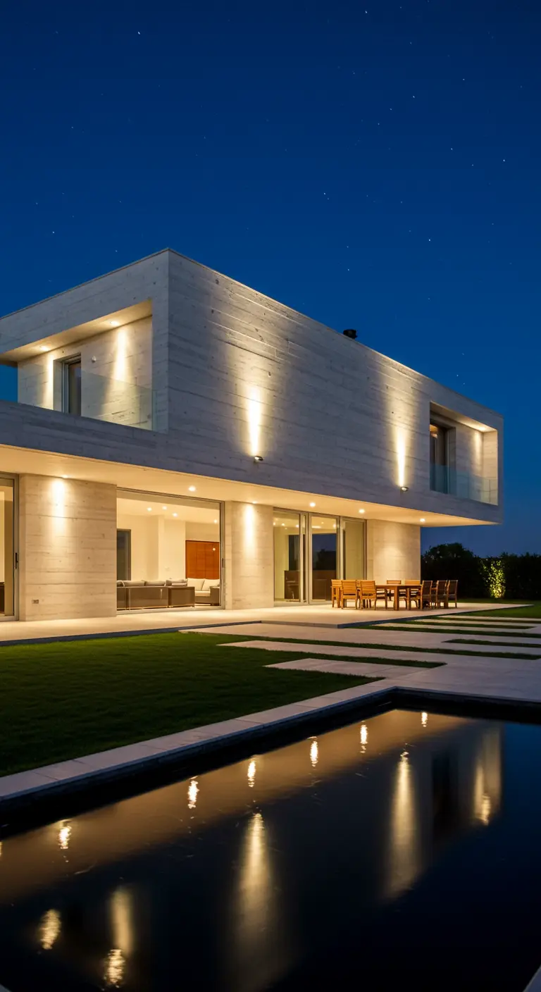 Maison moderne en béton avec éclairage architectural discret et piscine illuminée la nuit.