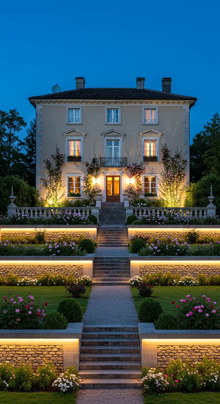 Jardin en terrasses avec escaliers, murets éclairés par des rubans LED et massifs floraux illuminés.