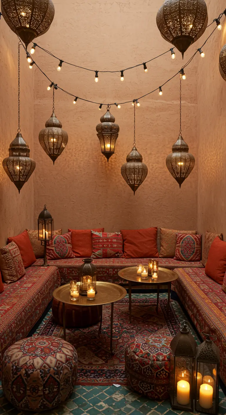 Patio d'inspiration marocaine avec guirlandes lumineuses et lanternes en métal ciselé.