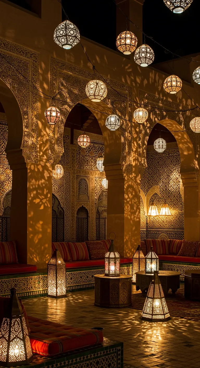 Cour marocaine avec arches, guirlandes et une multitude de lanternes suspendues et au sol.