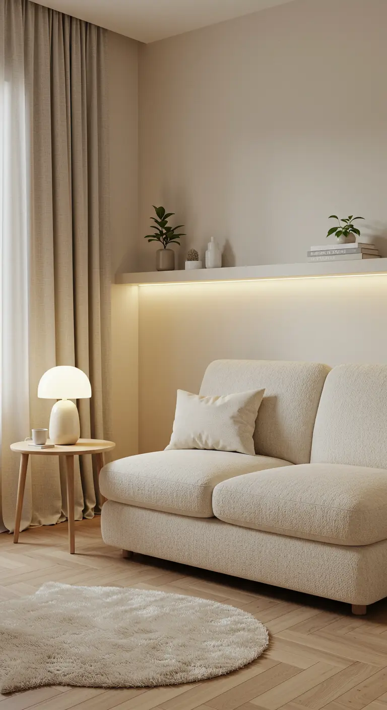 Petit salon cosy, canapé crème, tapis rond, étagère lumineuse, lampe champignon blanche.