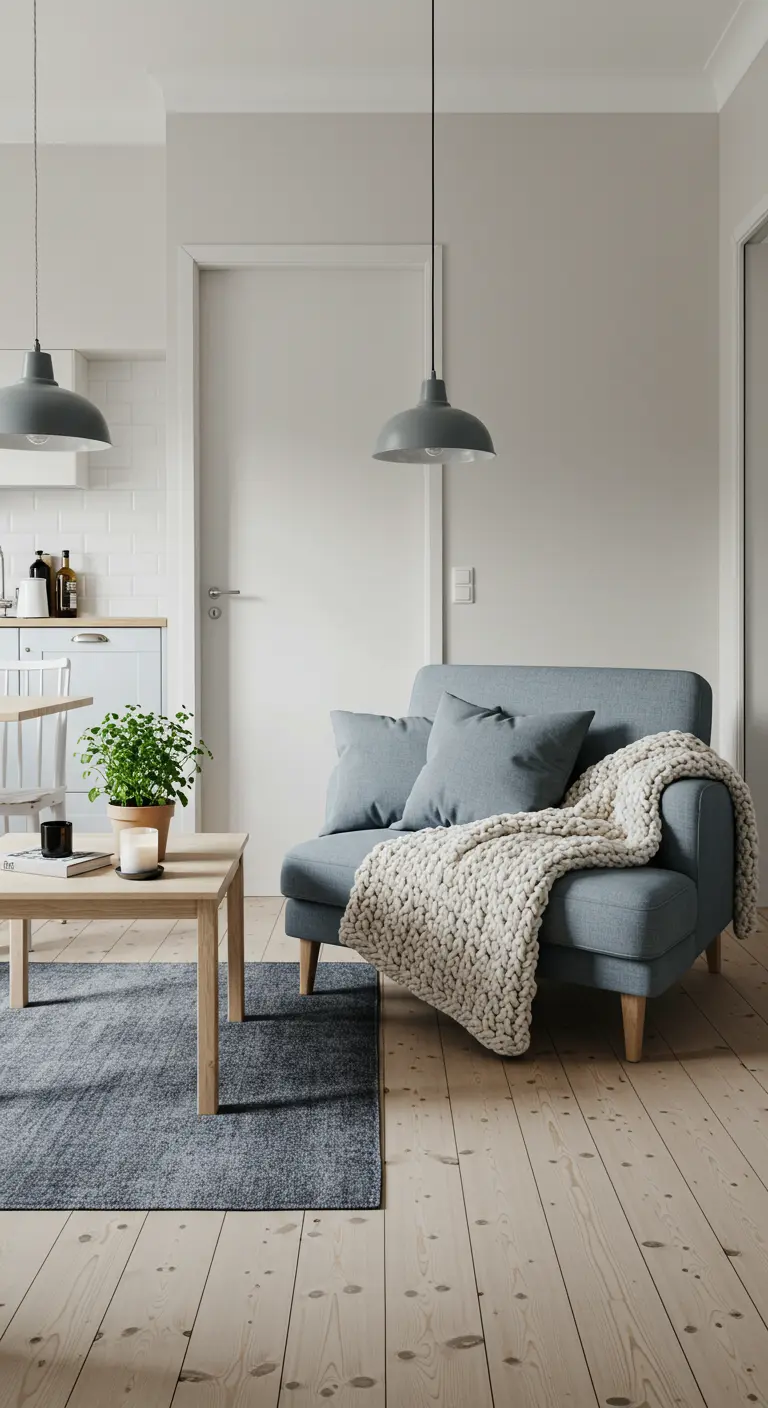 Petit salon scandinave avec fauteuil bleu-gris, plaid crème, table basse bois et tapis foncé.