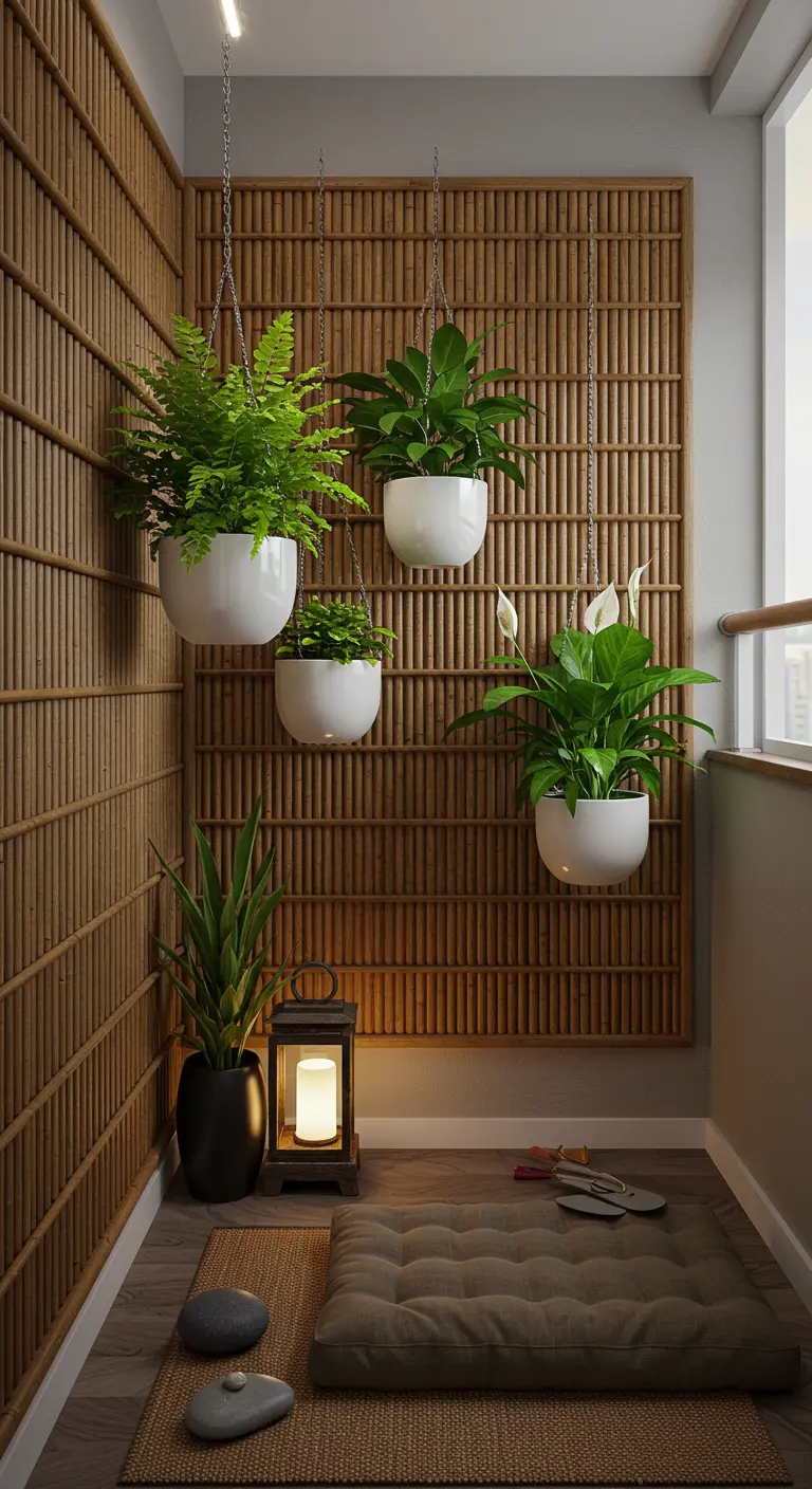 Balcon zen avec pots blancs suspendus sur un mur de bambou, coussin de sol