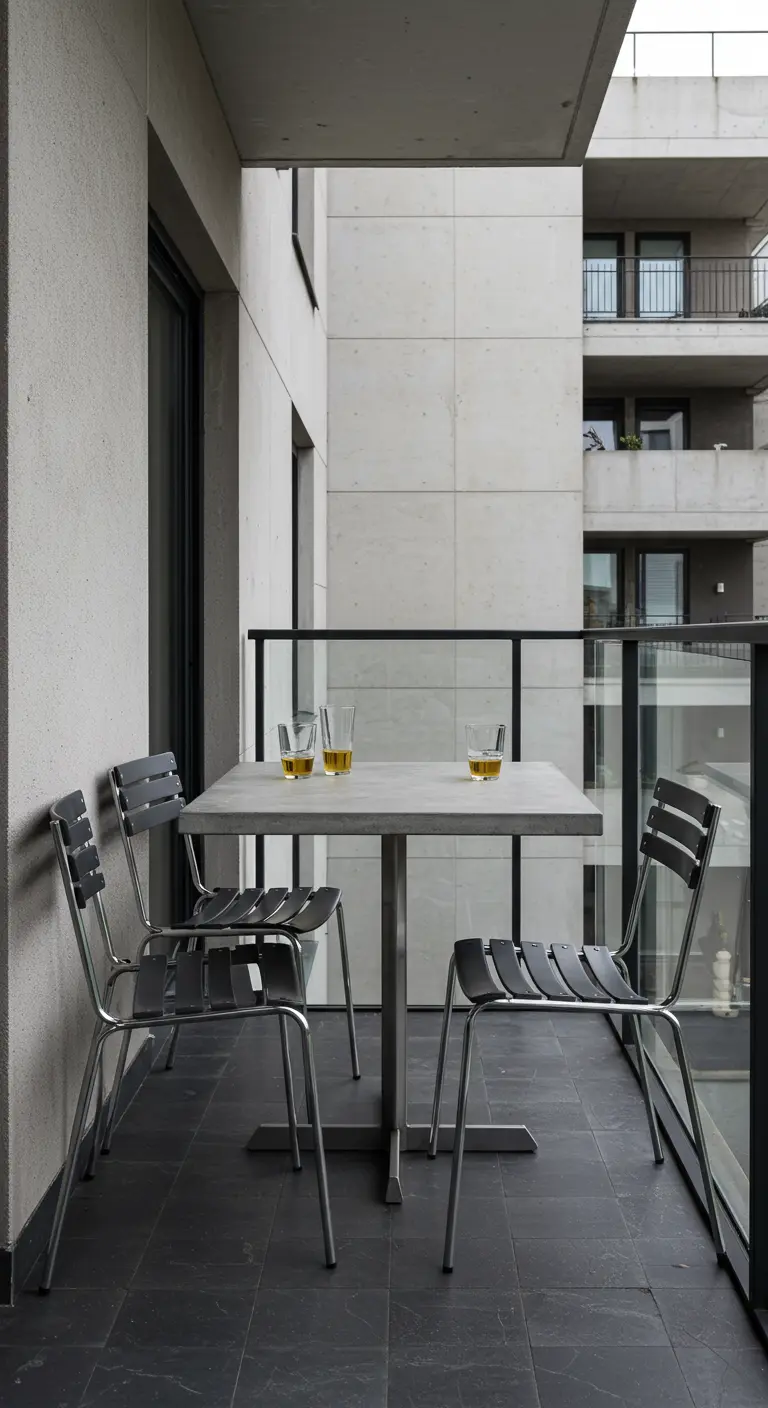 Table carrée en béton et chaises en acier sur un balcon d'immeuble moderne.