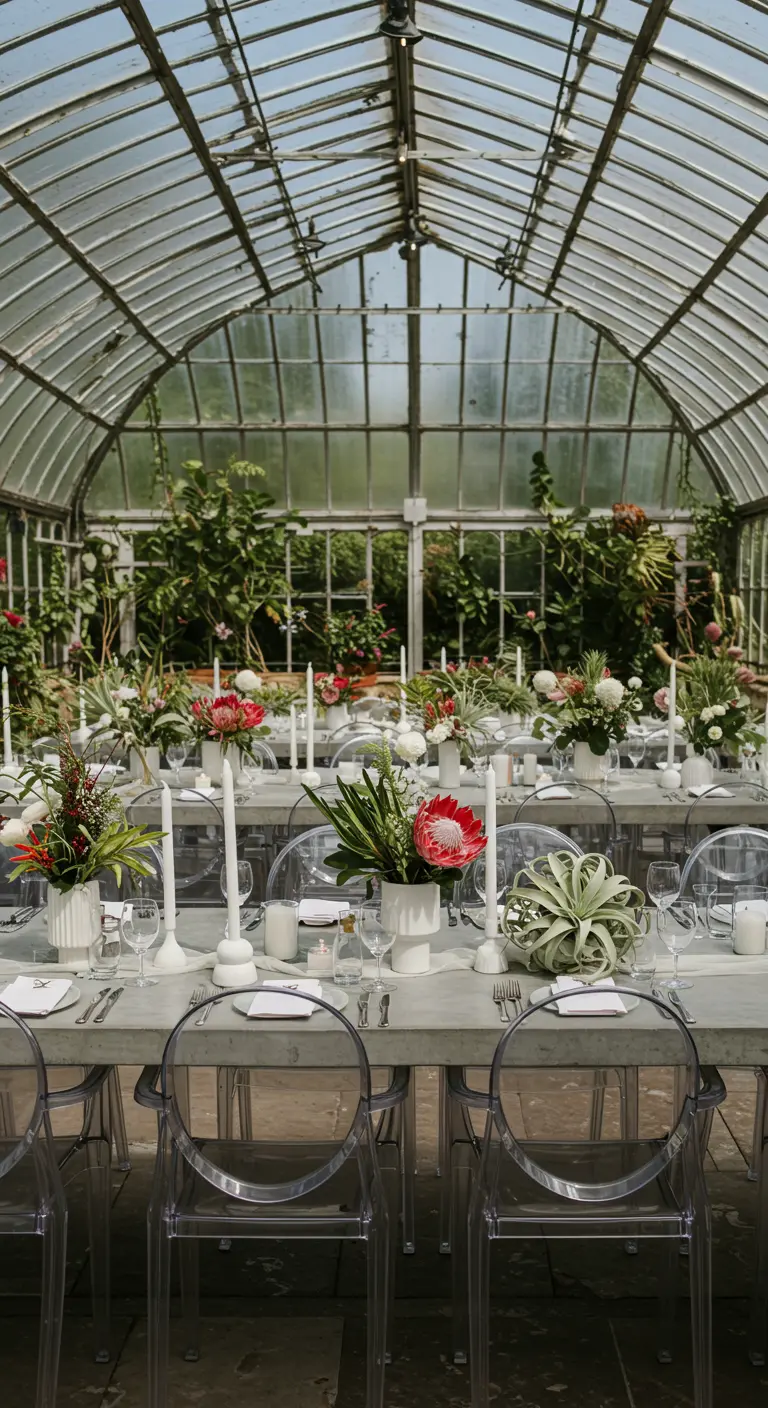 Tables de mariage modernes dans une serre avec couronnes de feuillage, protéas et bougies.