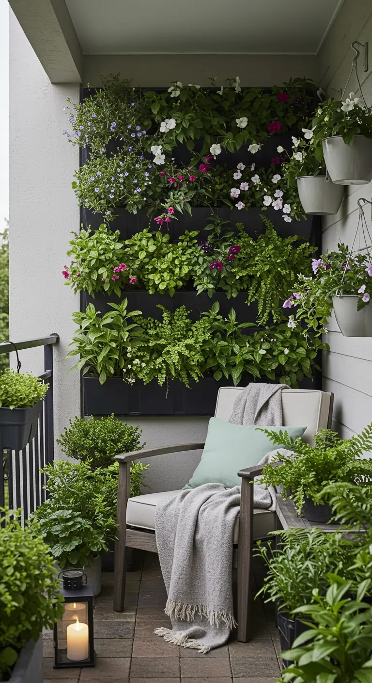 Balcon cosy avec un mur végétal vert et quelques fleurs, un fauteuil en bois et une lanterne.