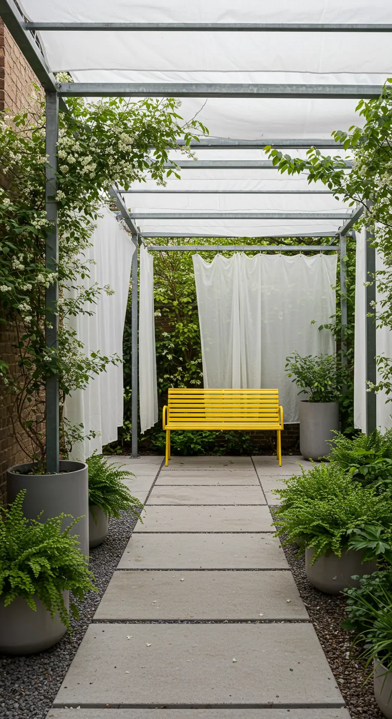 Pergola moderne avec rideaux blancs, banc jaune vif, et fougères en pots gris.
