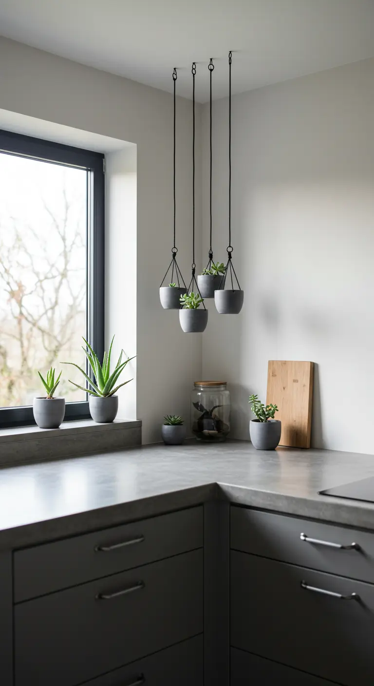 Petits pots gris suspendus avec des succulentes dans une cuisine moderne aux tons gris.