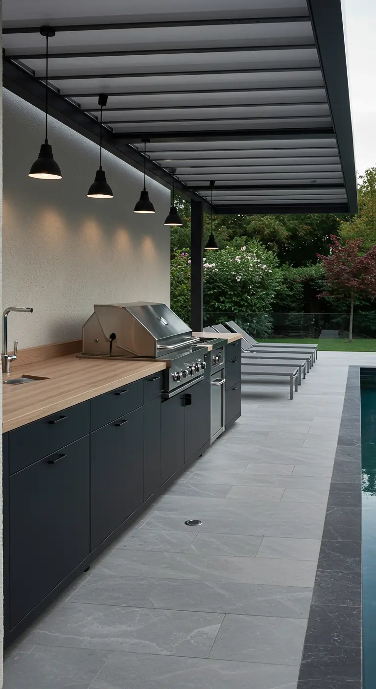 Cuisine extérieure moderne près d'une piscine avec armoires foncées, comptoir en bois et suspensions noires.