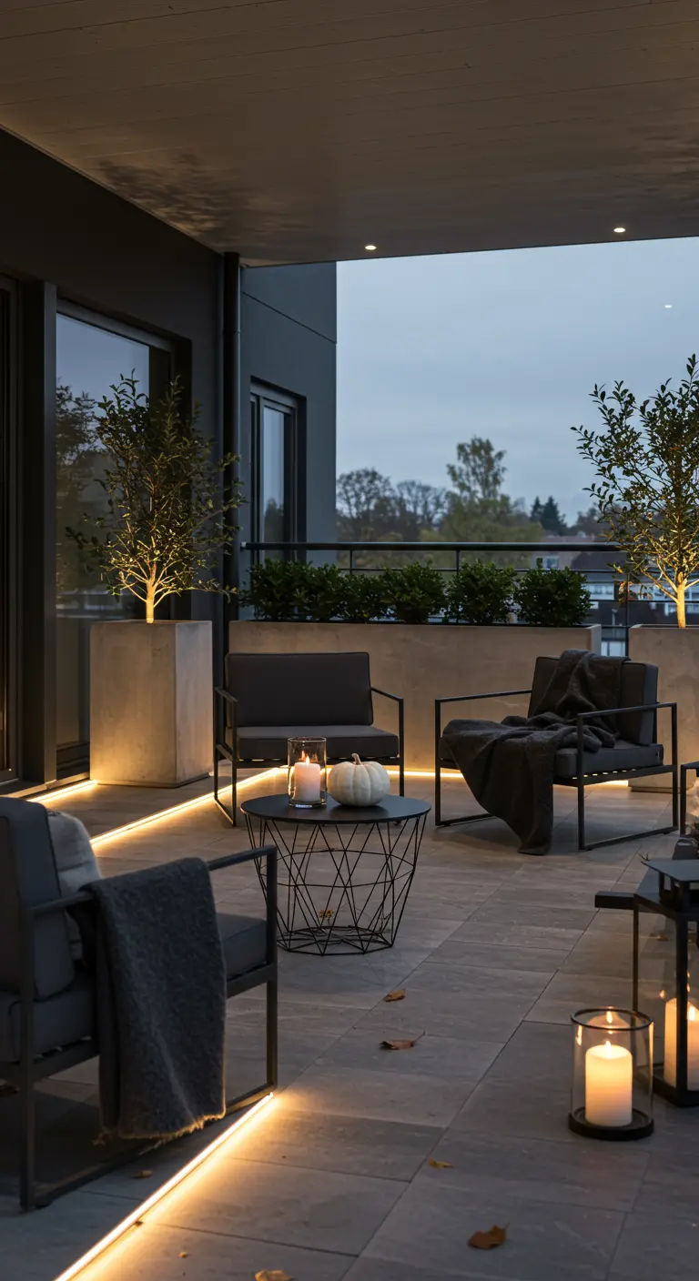 Terrasse moderne avec mobilier sombre, éclairage LED, bougies et petites citrouilles blanches.