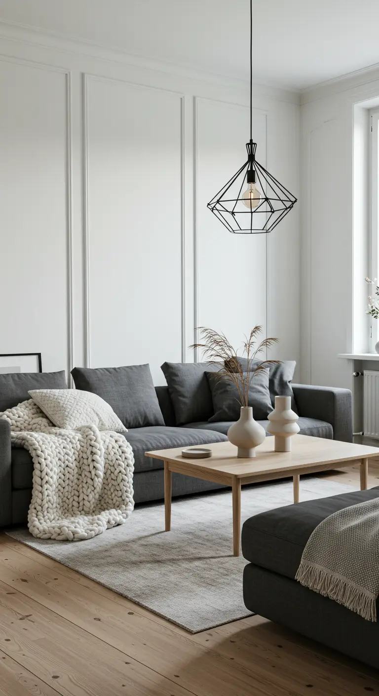 Salon scandinave avec canapé anthracite, plaid crème, table basse bois clair et suspension géométrique noire.