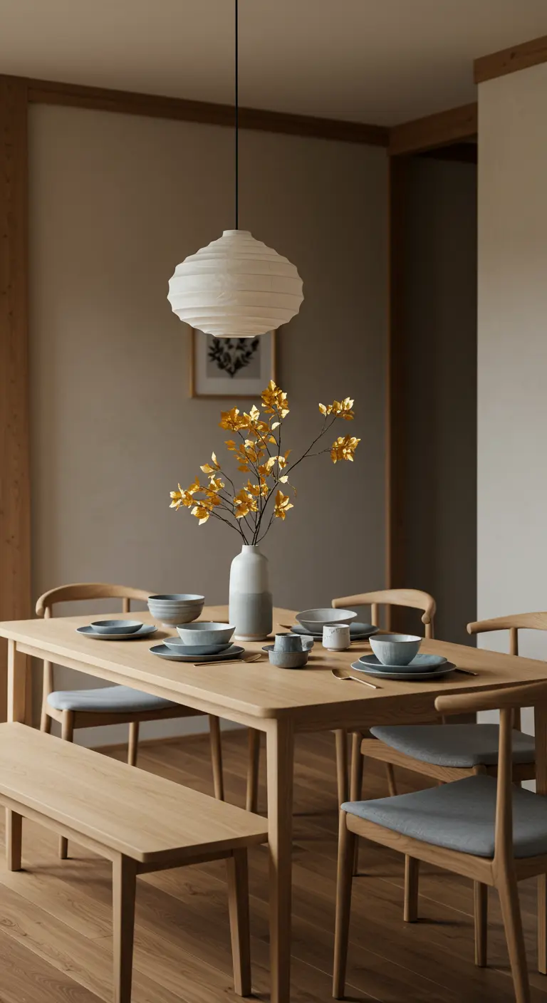 Table minimaliste japonaise avec vase bicolore, branche aux feuilles dorées et vaisselle en céramique.