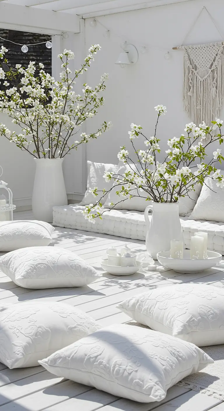 Terrasse entièrement blanche avec banquettes, coussins texturés, vases de branches fleuries et macramé.