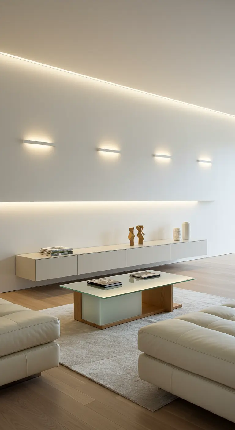Salon minimaliste blanc, console flottante, appliques murales linéaires, table basse verre.