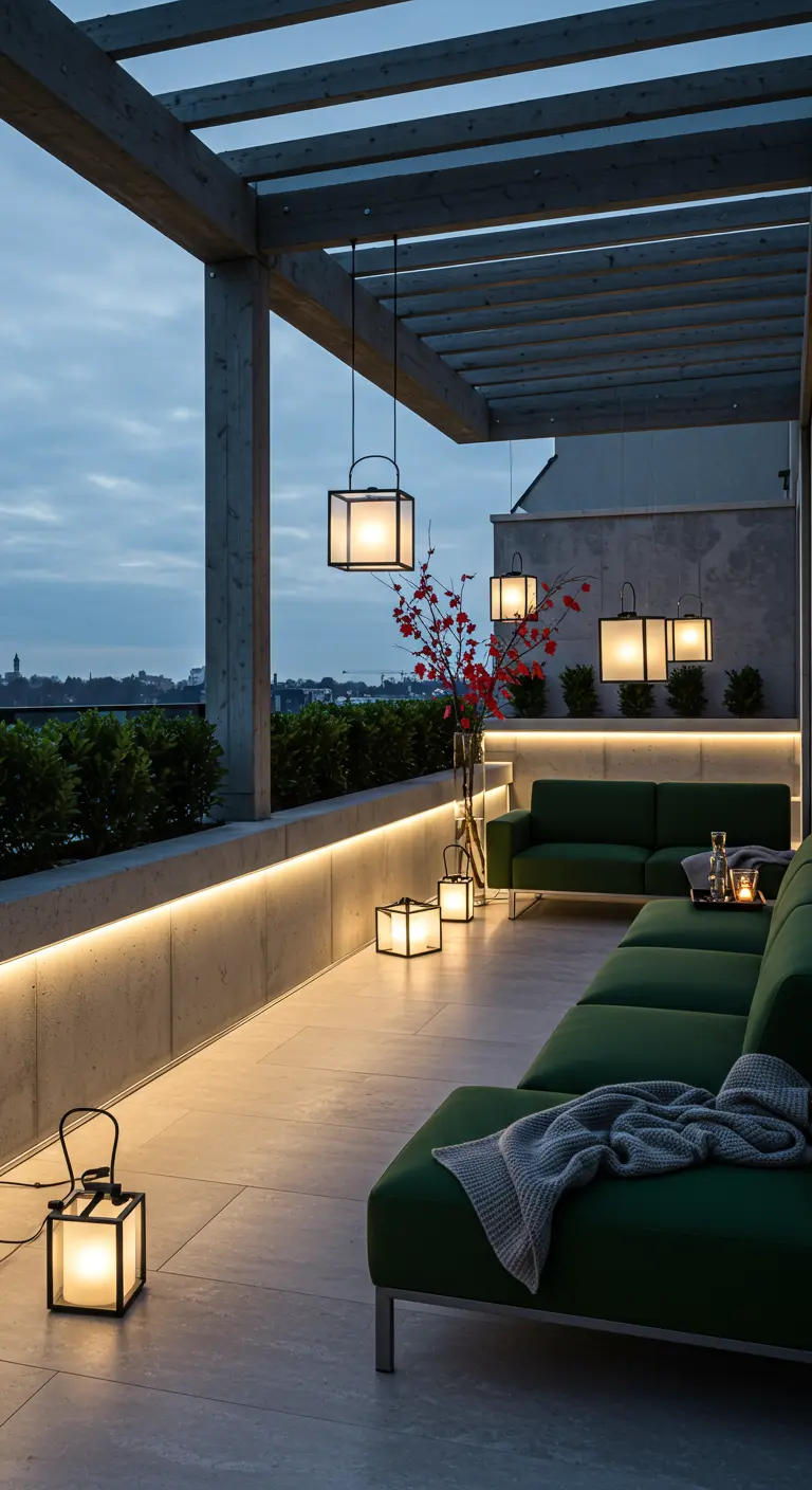 Terrasse moderne avec pergola, éclairage linéaire LED intégré, canapé vert et lanternes cubiques suspendues.
