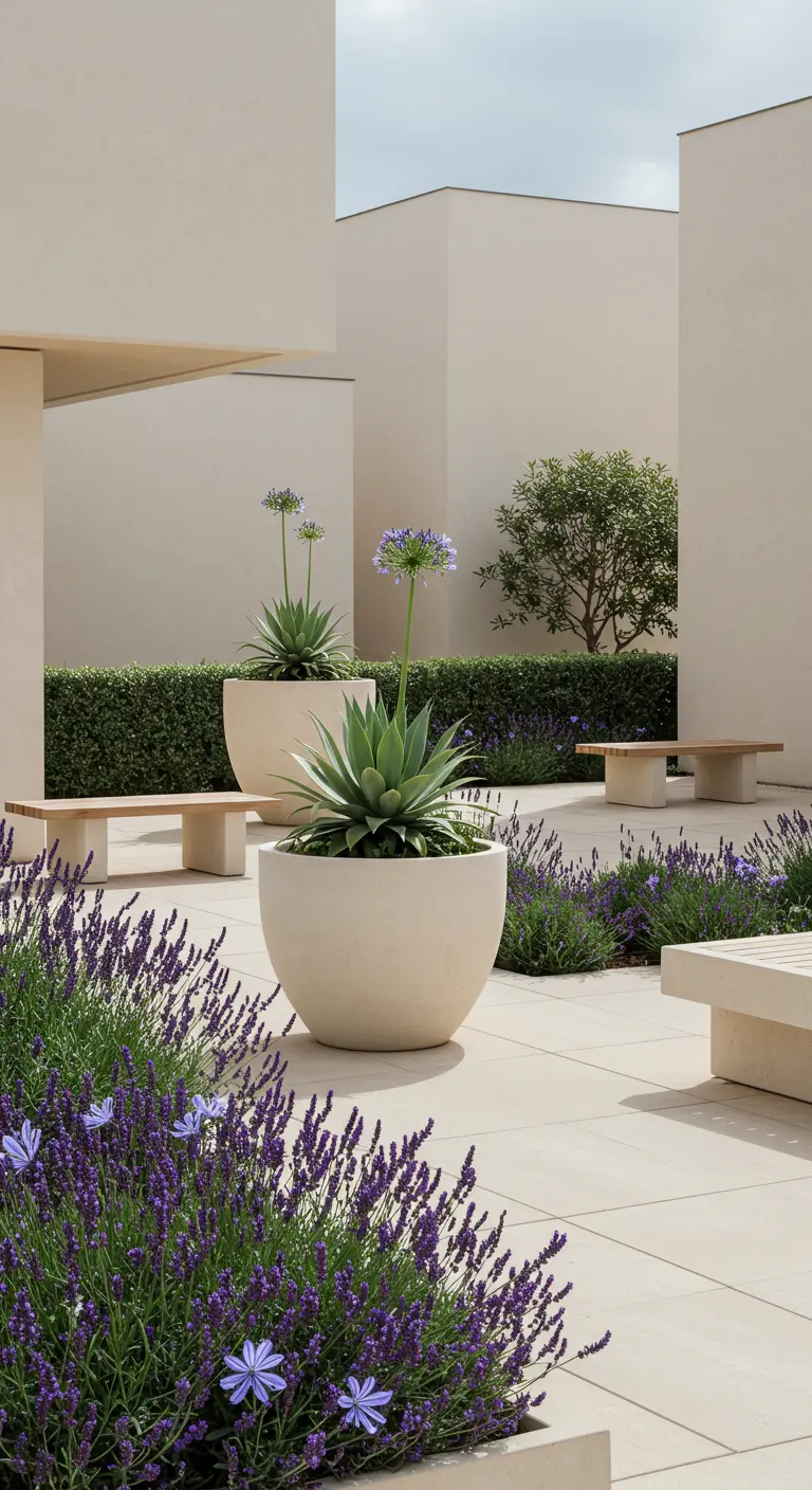 Jardin moderne avec grandes jardinières blanches, agaves, agapanthes et lavande.