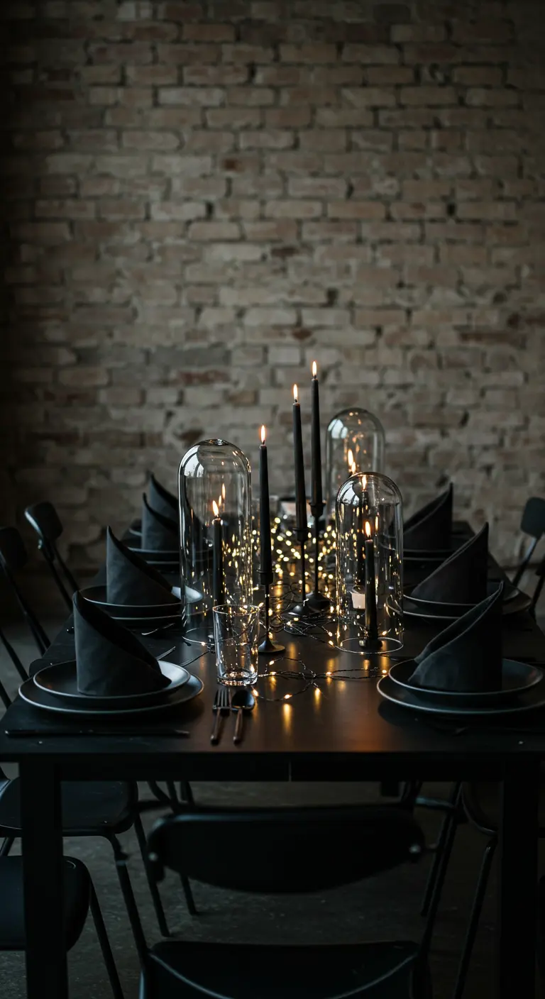 Table noire élégante avec bougies noires, cloches en verre et guirlande lumineuse.