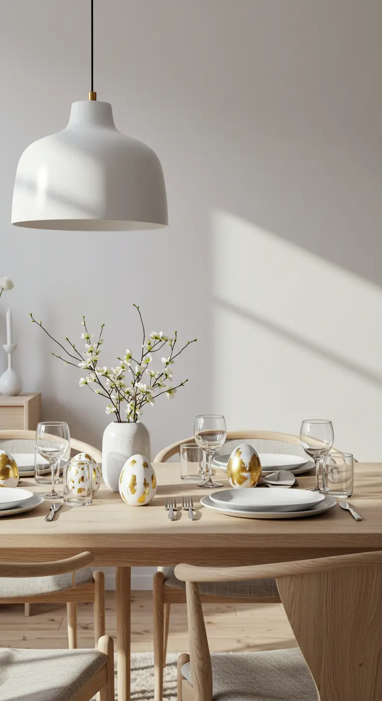Table à manger minimaliste avec branches fleuries et œufs dorés.