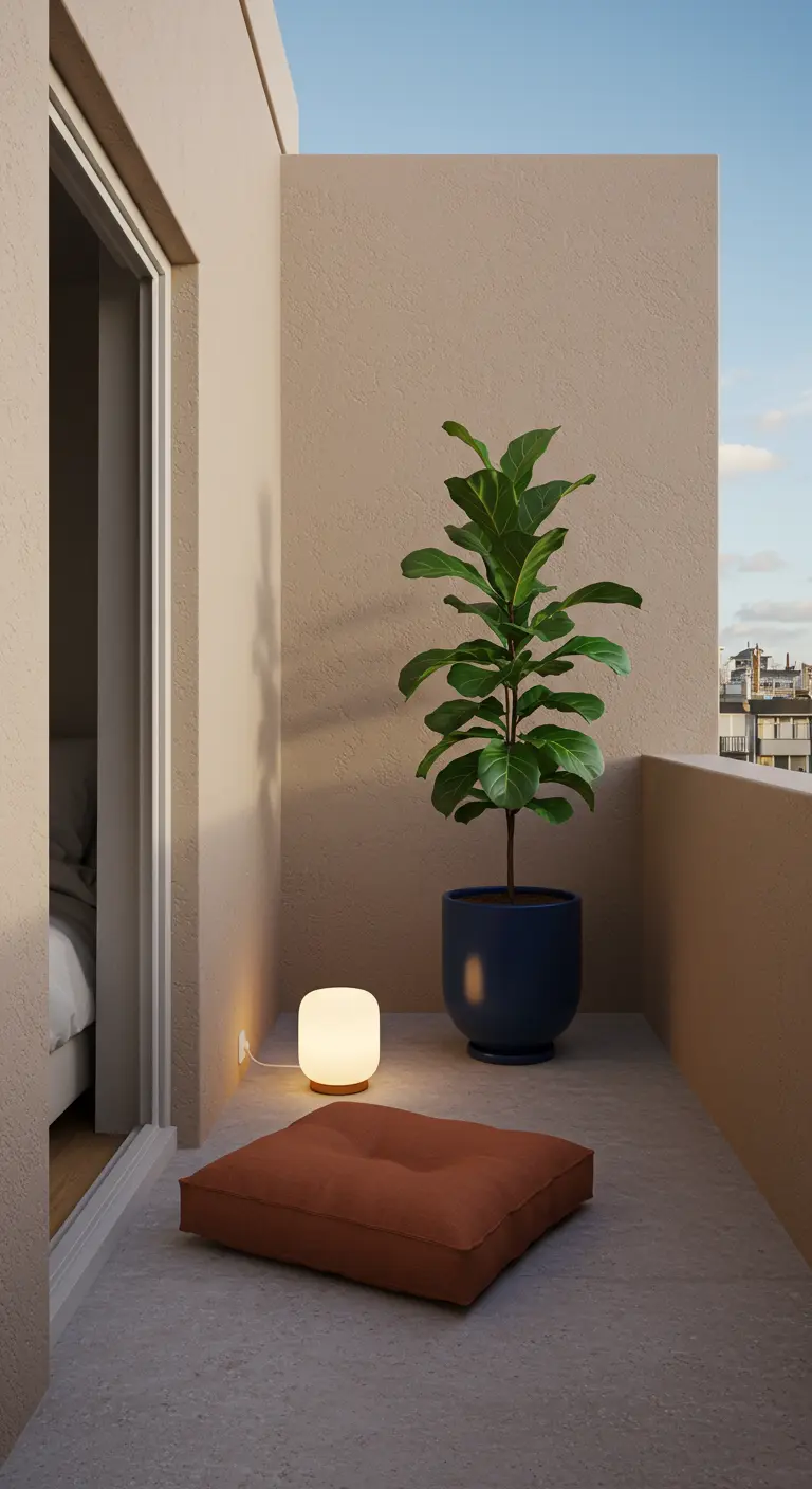 Balcon minimaliste avec grande plante en pot bleu foncé, coussin de sol et lampe d'appoint.
