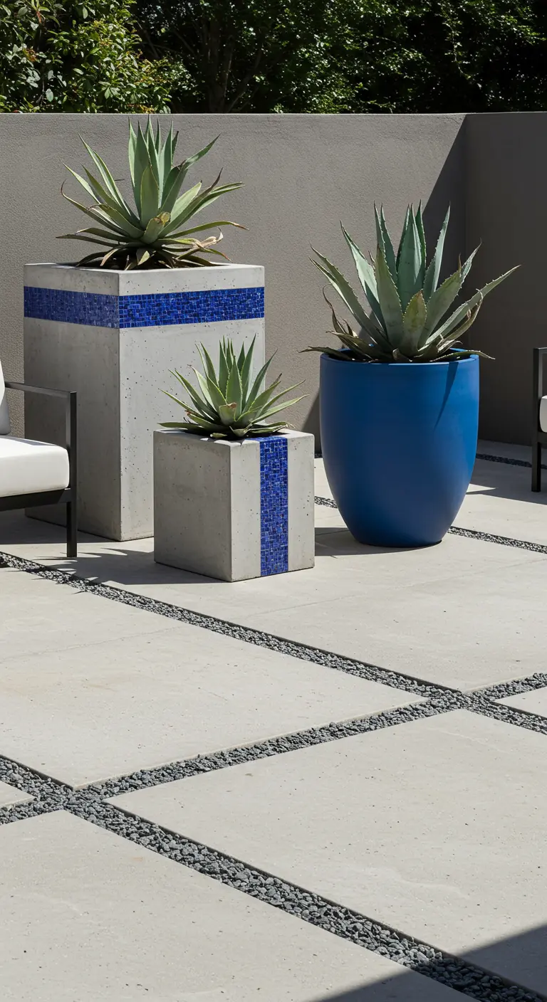 Patio moderne avec des jardinières en béton accentuées de mosaïque bleue et un grand pot bleu.