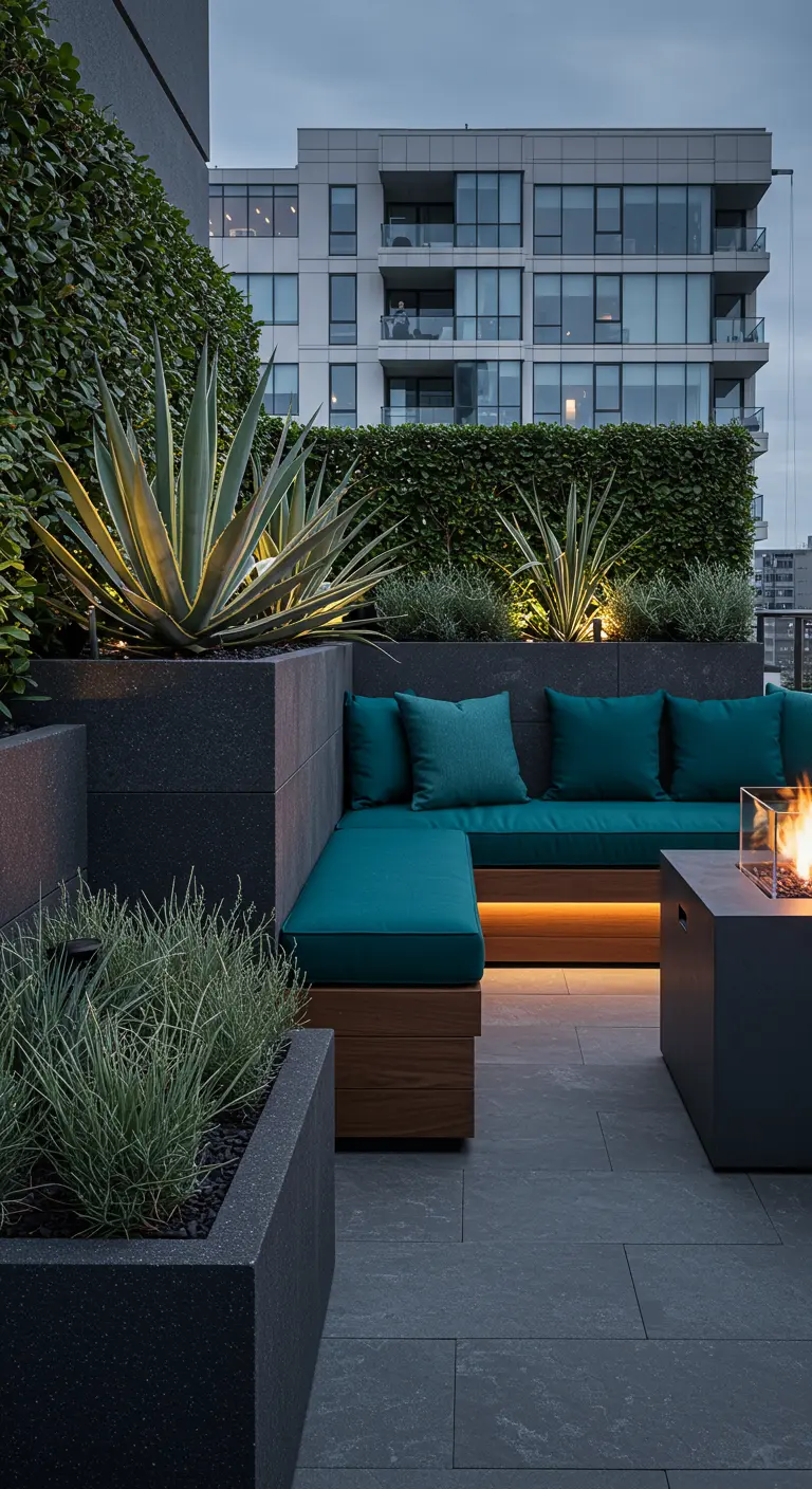 Balcon urbain avec jardinières en béton, agave et foyer extérieur.