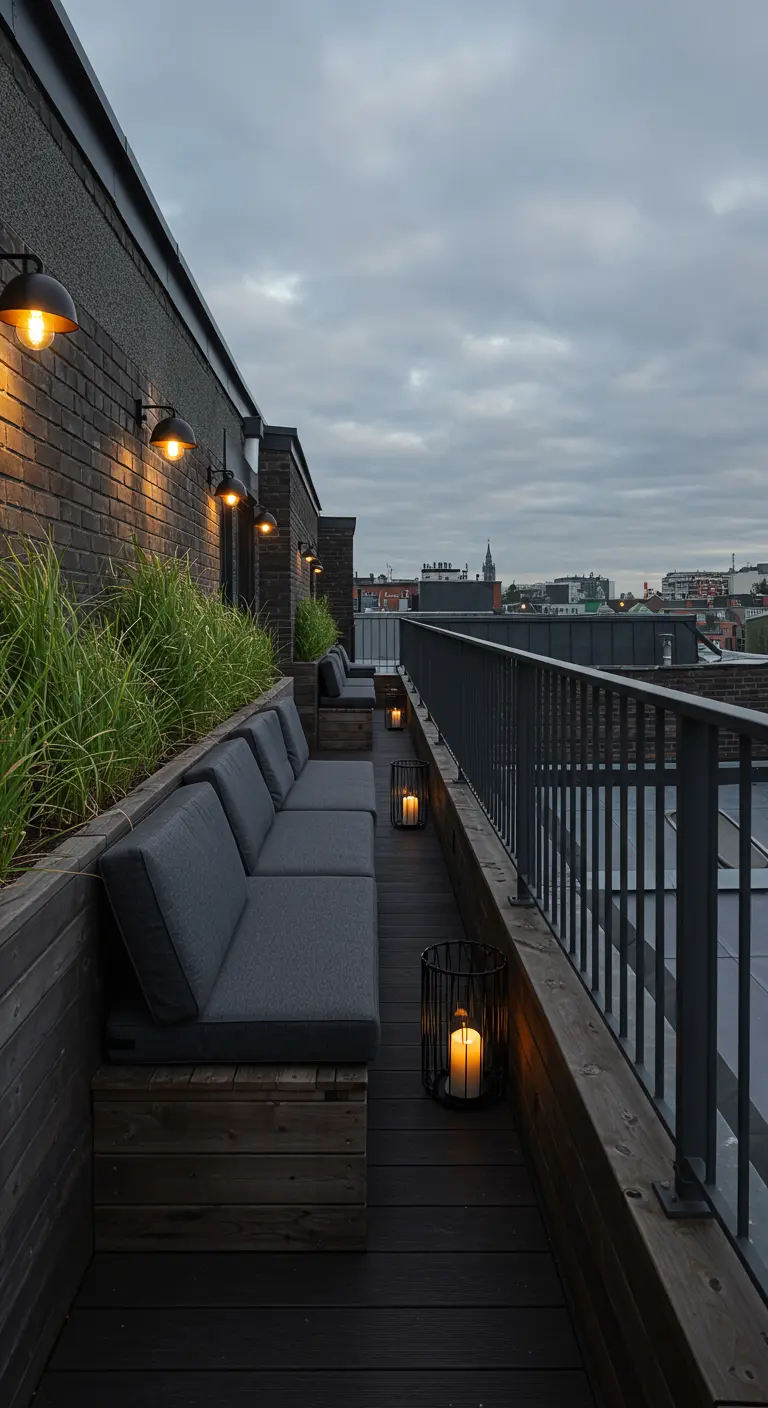 Terrasse de toit moderne avec banquettes grises, jardinières de graminées et éclairage mural subtil.