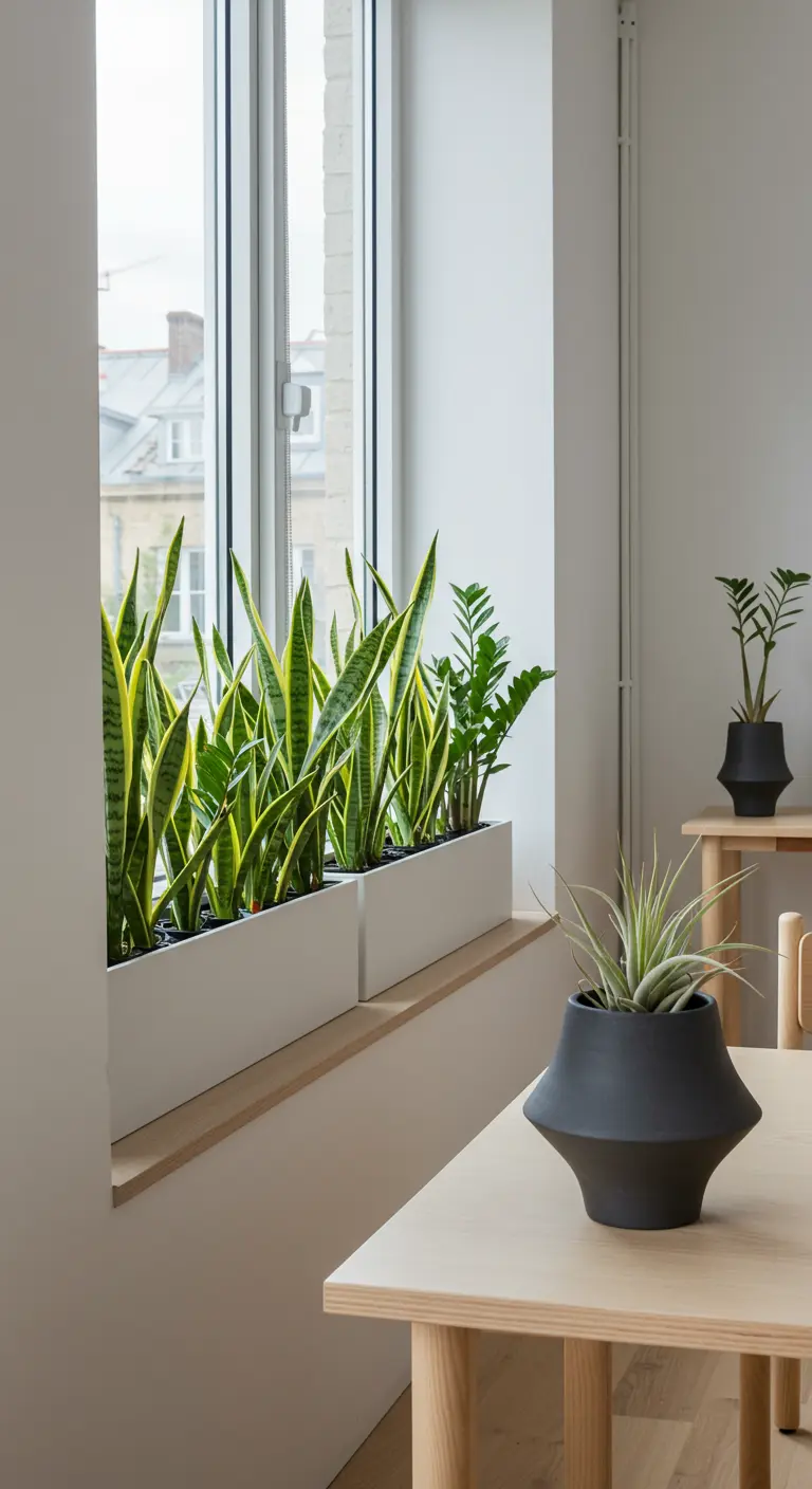 Intérieur moderne avec des jardinières blanches sur le rebord de fenêtre et un pot noir mat sculptural.