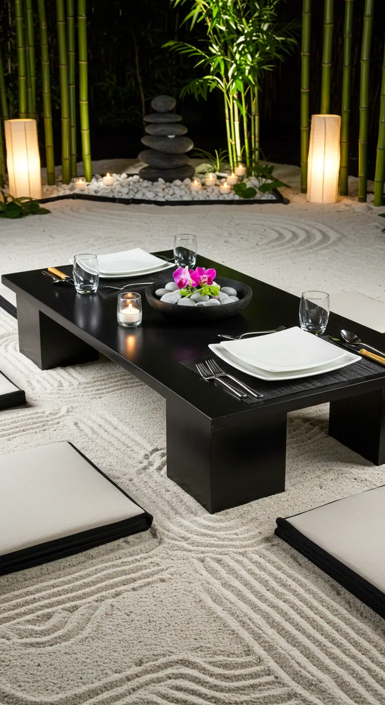 Dîner zen avec table basse, jardin de sable ratissé, bambous et lumières verticales douces.