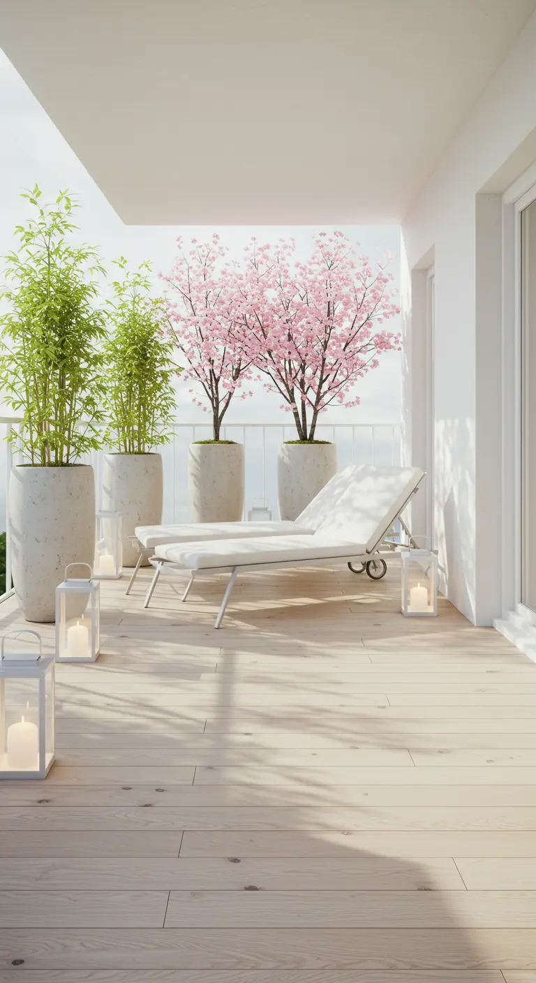 Balcon blanc épuré avec transats, bambous et cerisiers en fleurs dans des pots hauts et blancs.