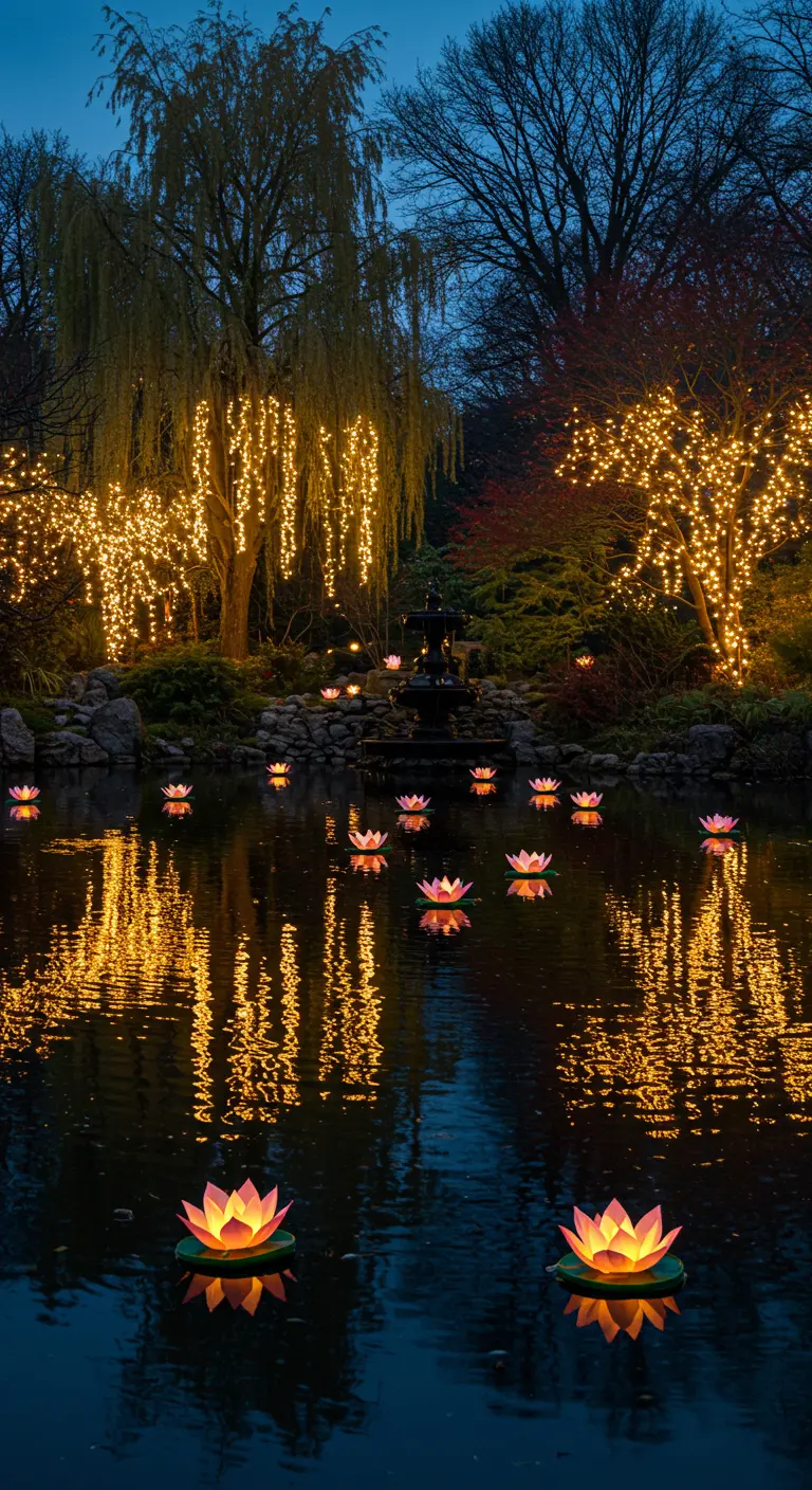 Étang la nuit avec des nénuphars lumineux flottants roses et des arbres en arrière-plan décorés de guirlandes lumineuses.