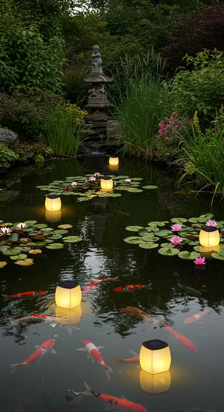 Étang de jardin avec nénuphars, poissons koi et lanternes solaires flottantes illuminées.