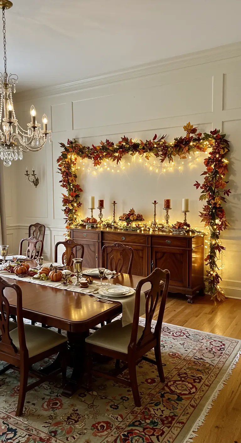 Salle à manger avec commode en bois décorée de guirlandes lumineuses et feuillage d'automne.