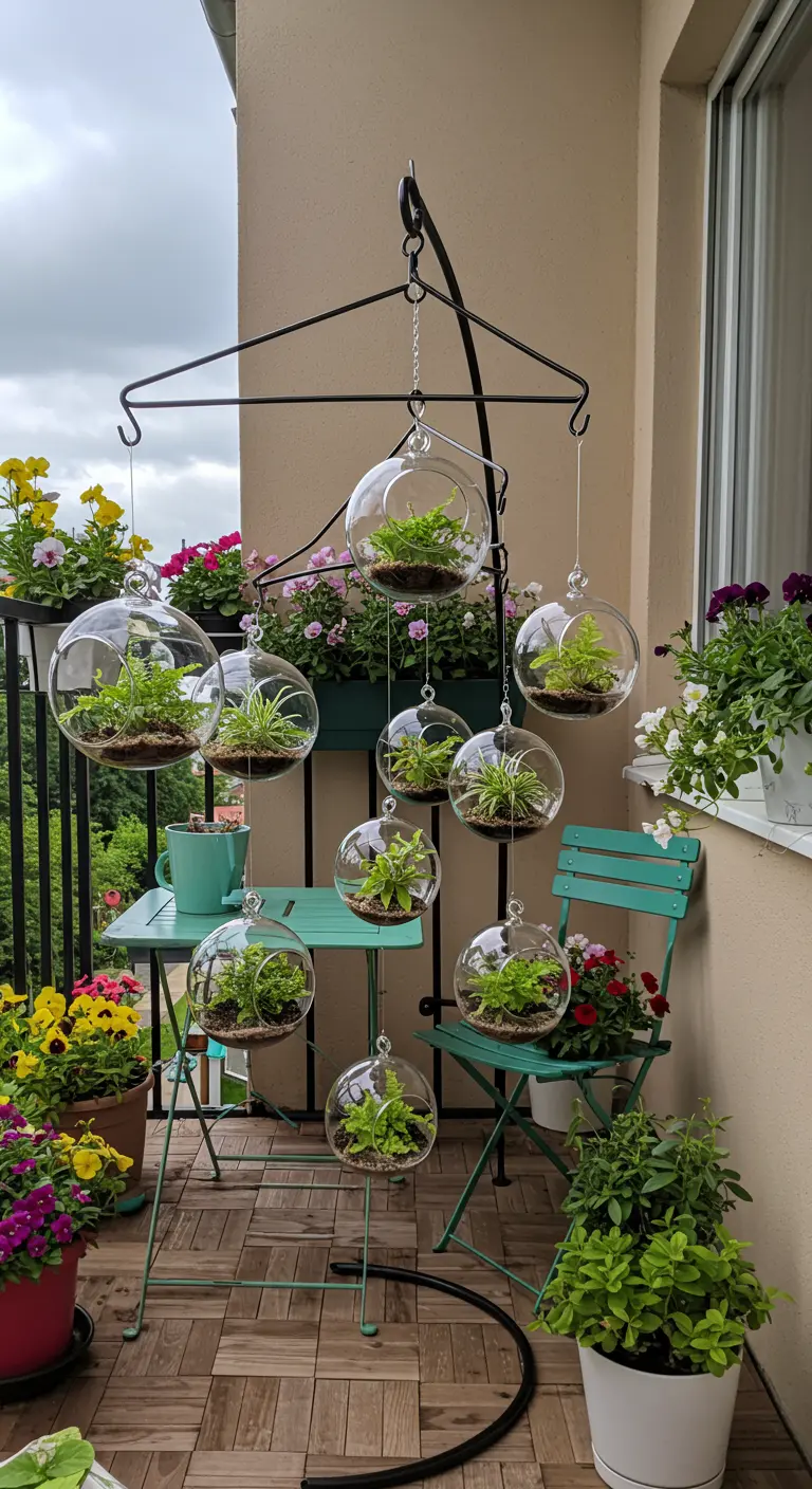 Mobile de terrariums en verre avec petites plantes vertes suspendu sur un balcon fleuri avec une petite table et des chaises.