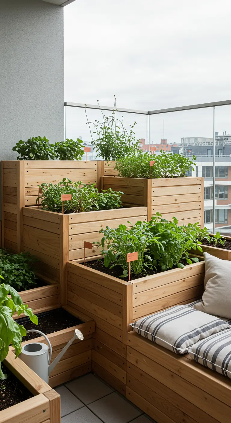 Jardinière potager sombre sur roulettes avec tomates et salades, mur de briques.