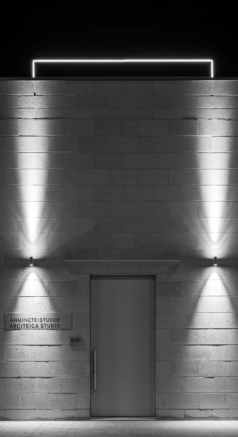 Façade moderne en béton avec bande LED linéaire et appliques murales lumineuses.