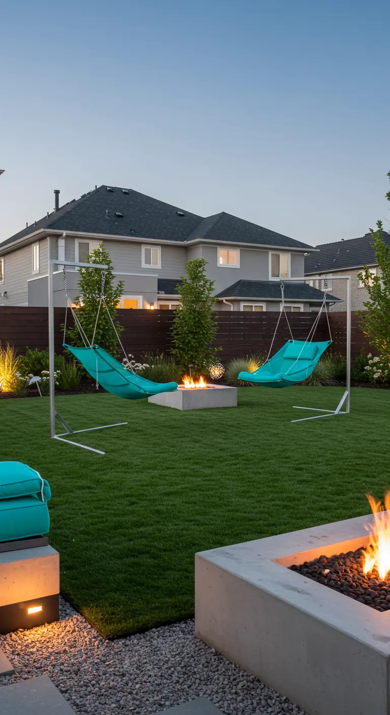 Deux chaises longues suspendues turquoise et un foyer en béton au centre d'un jardin moderne.