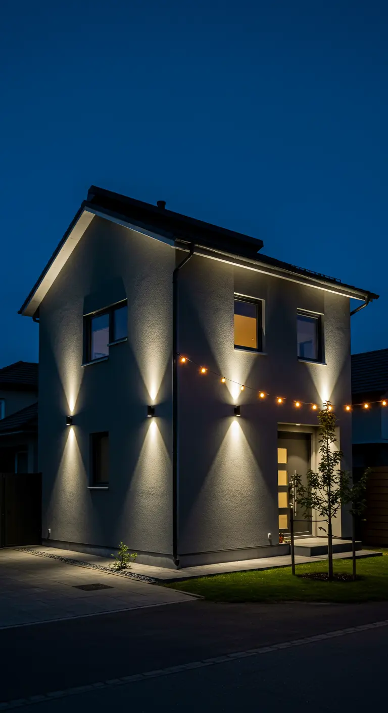 Maison moderne grise éclairée par des projecteurs muraux LED créant des faisceaux lumineux ascendants.