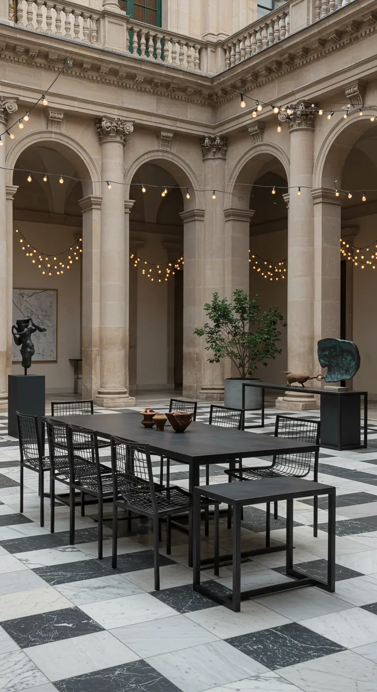 Cour classique avec table et chaises sombres modernes, sol à damier et guirlandes lumineuses.