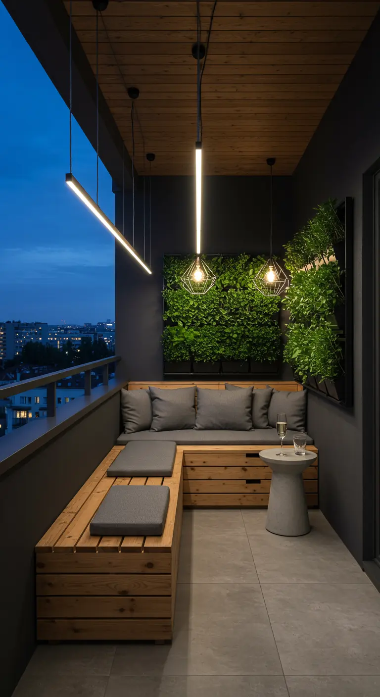 Balcon moderne avec banquette en bois intégrée, mur végétal et éclairage linéaire chic.